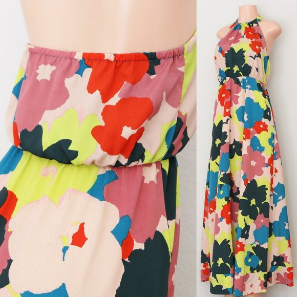 Jessica Simpson Vibrant Bold Colorful Floral Halter Neck Boho Long Maxi Dress 4 - Picture 11 of 16
